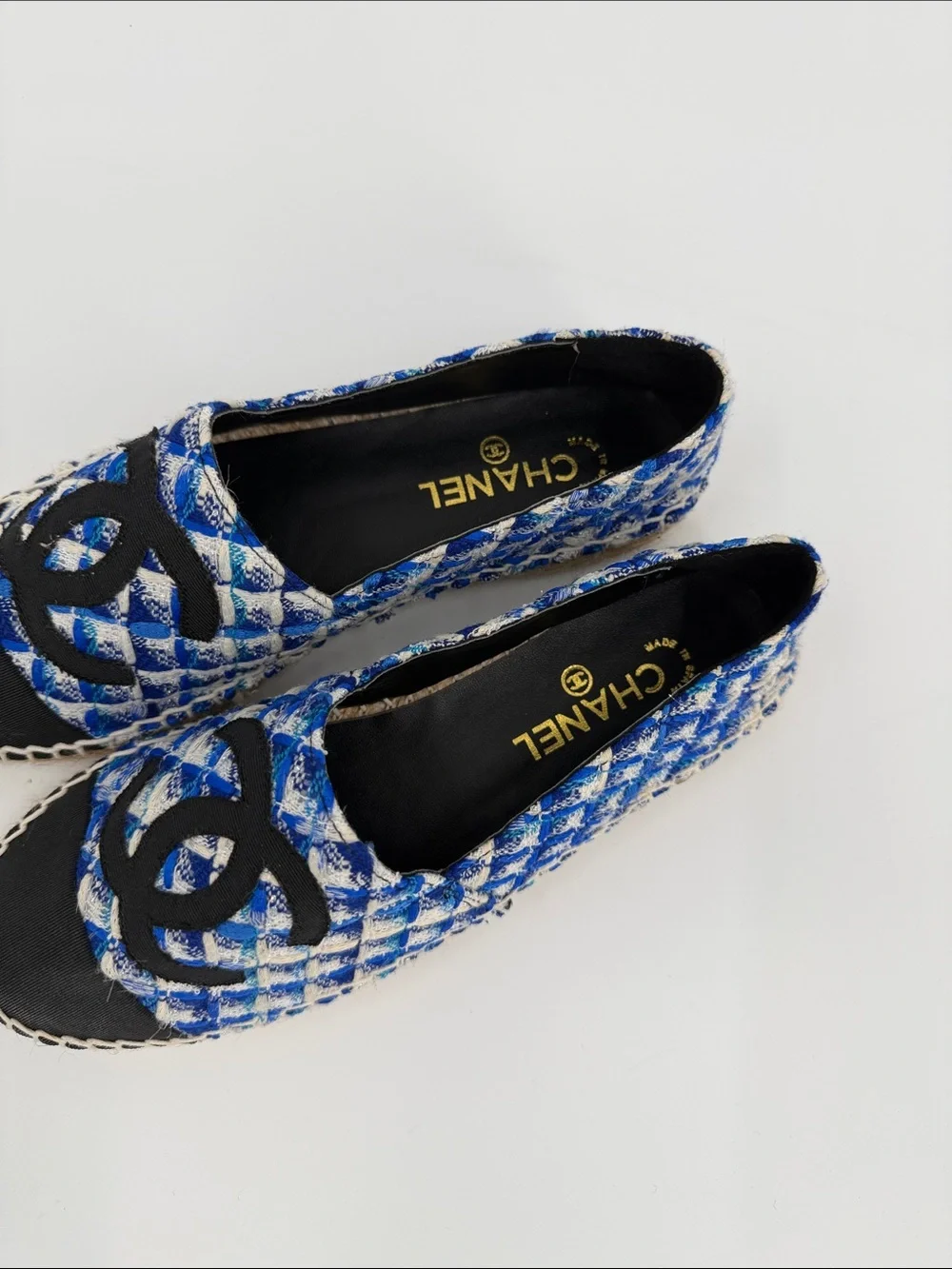 Blue and White Tweed Espadrilles with Black Cap Toe